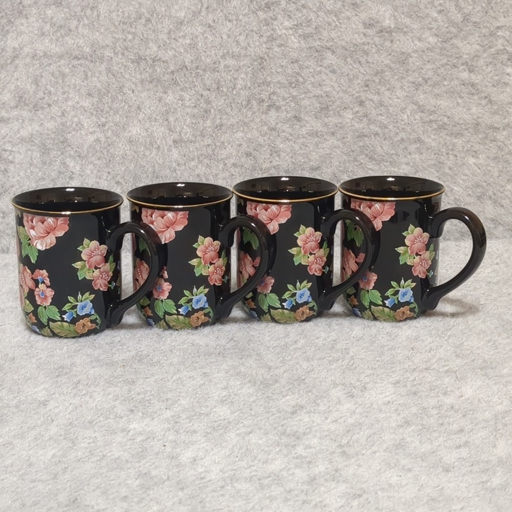 Otagiri Floral Garden Coffee Mug Black Pink Flowers Japan Gold Rim Lot Of 4 Mugs